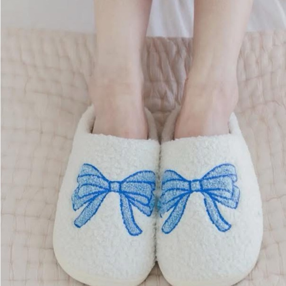 Cozy White Slippers with Blue Bow